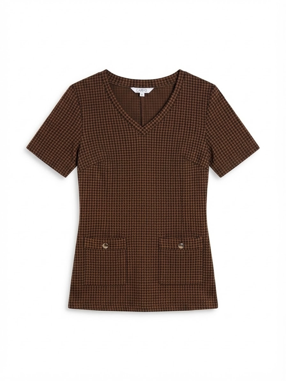 Brown Houndstooth V-Neck Short Sleeve Top
